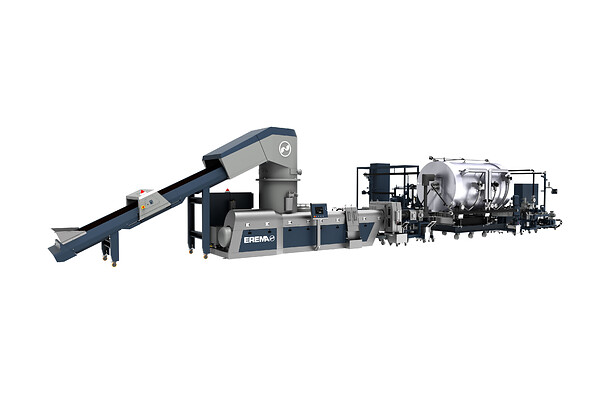 <b>A strong fibre package – INTAREMA® & IV-Uptimiser:</b>
While the INTAREMA® prepares the material for extrusion using its Preconditioning Unit and Counter Current technology to ensure perfect homogenisation, pre-drying, removal of volatile components, and subsequent gentle PET melting, the new IV Uptimiser  ensures repolymerisation, IV lift and efficiently cleans the fibres of finishing additives.