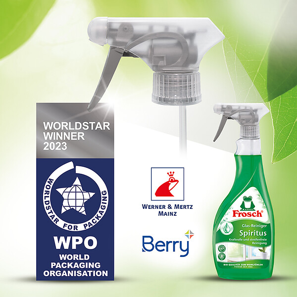WorldStar Packaging Award for new trigger spray pump: The cooperation partners Werner & Mertz and Berry Global again set a recycling standard with this innovation that‘s incredibly lightweight, completely recyclable and made with a good share of Post-Consumer Recyclate (29 %) in the functional, interior parts of the pumping mechanism – a technical innovation (picture copyright: Werner & Mertz). 